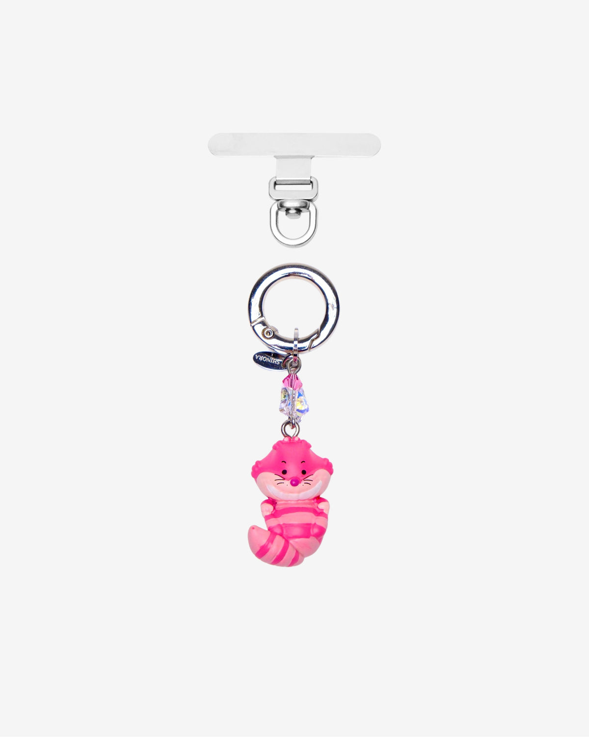 Pink striped grinning cat phone charm with a pink crystal accent