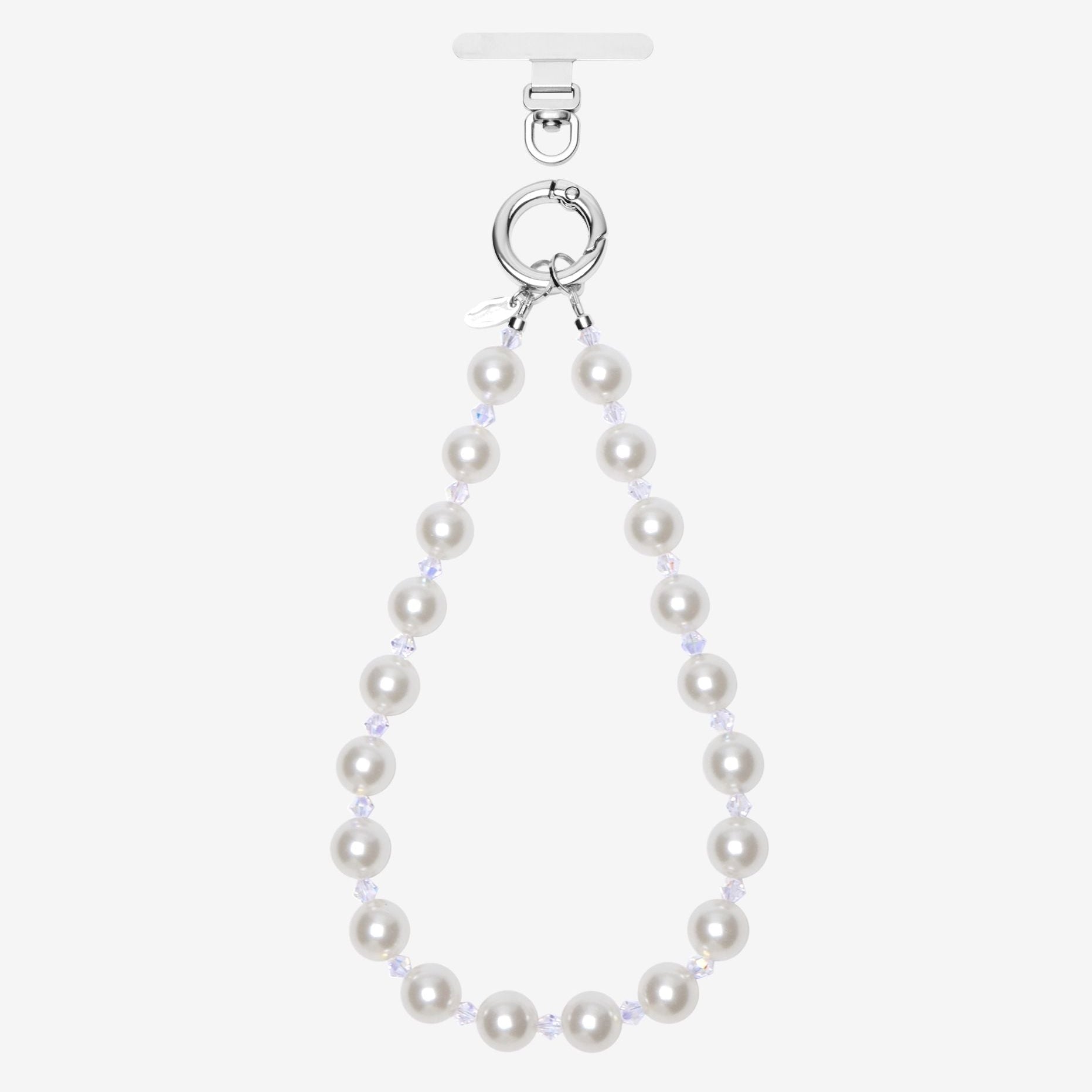 Pearl and crystal phone chain with a nylon attachment strap