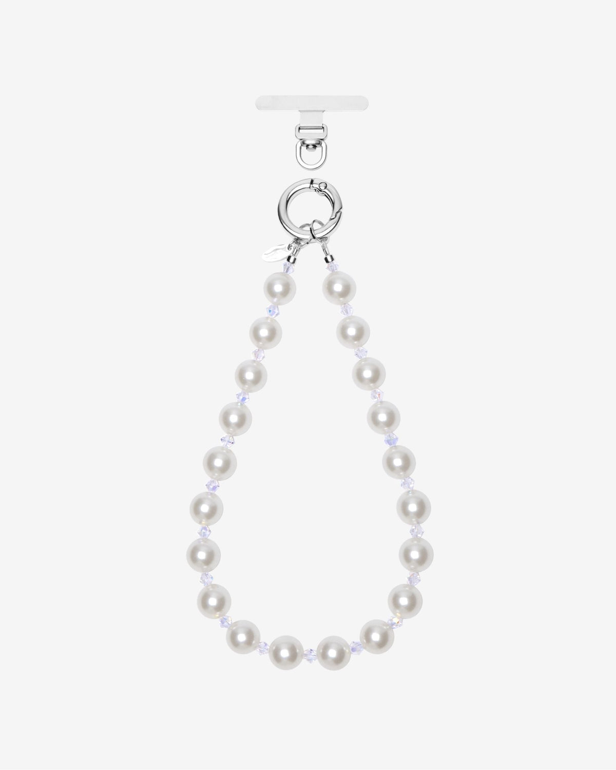 Pearl and crystal phone chain with a nylon attachment strap