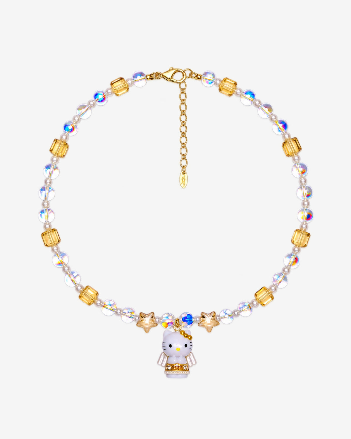Champagne crystal necklace with a winged angel kitty charm and two golden stars