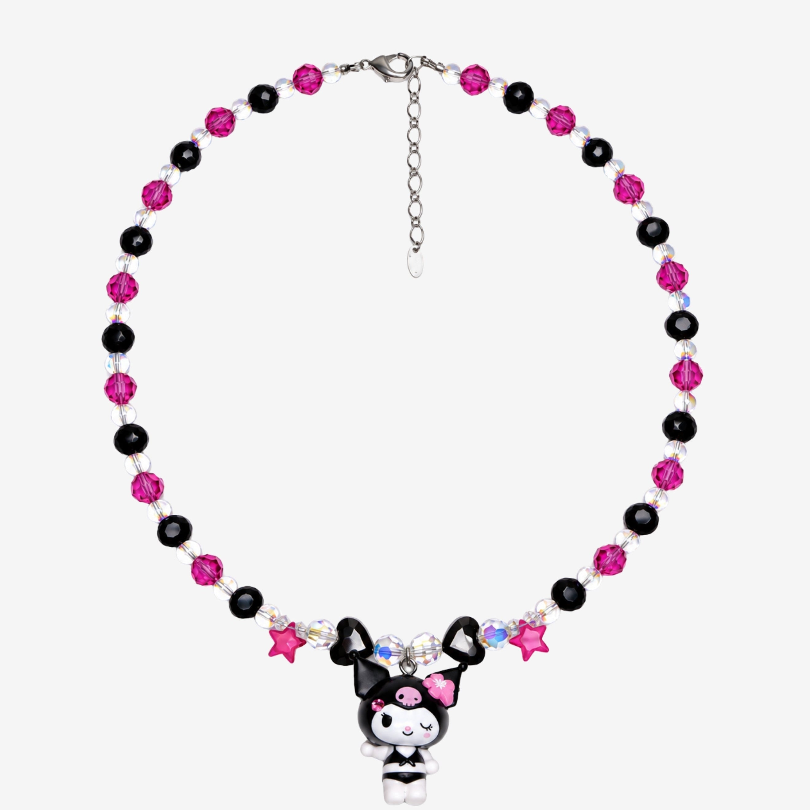 Fuchsia and black crystal necklace with pink stars, black hearts and a winking jester-hood character charm