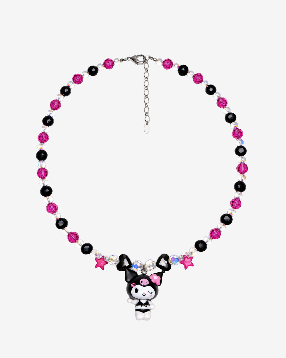 Fuchsia and black crystal necklace with pink stars, black hearts and a winking jester-hood character charm