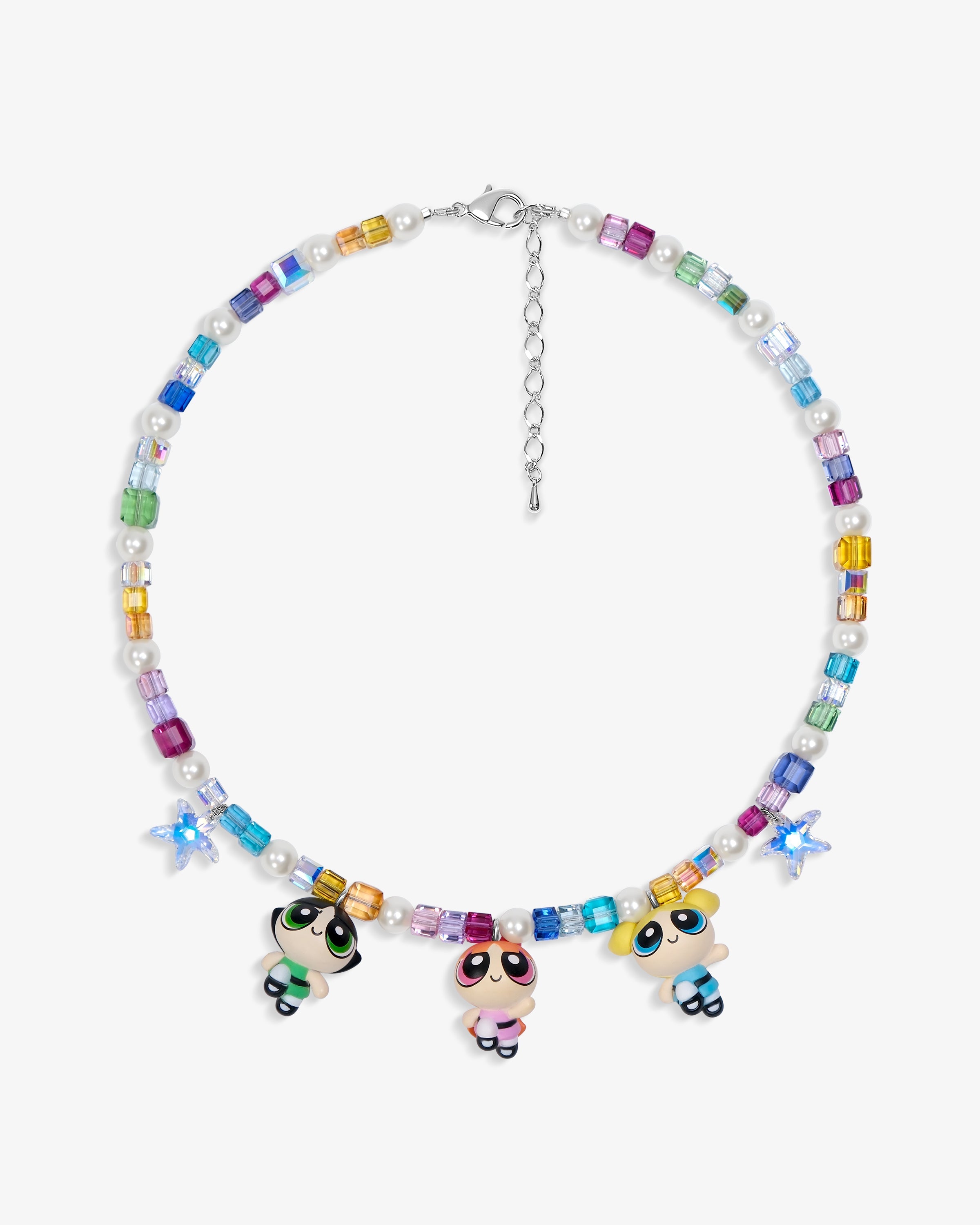 Rainbow Swarovski crystal necklace with three vintage Powerpuff Girls charms