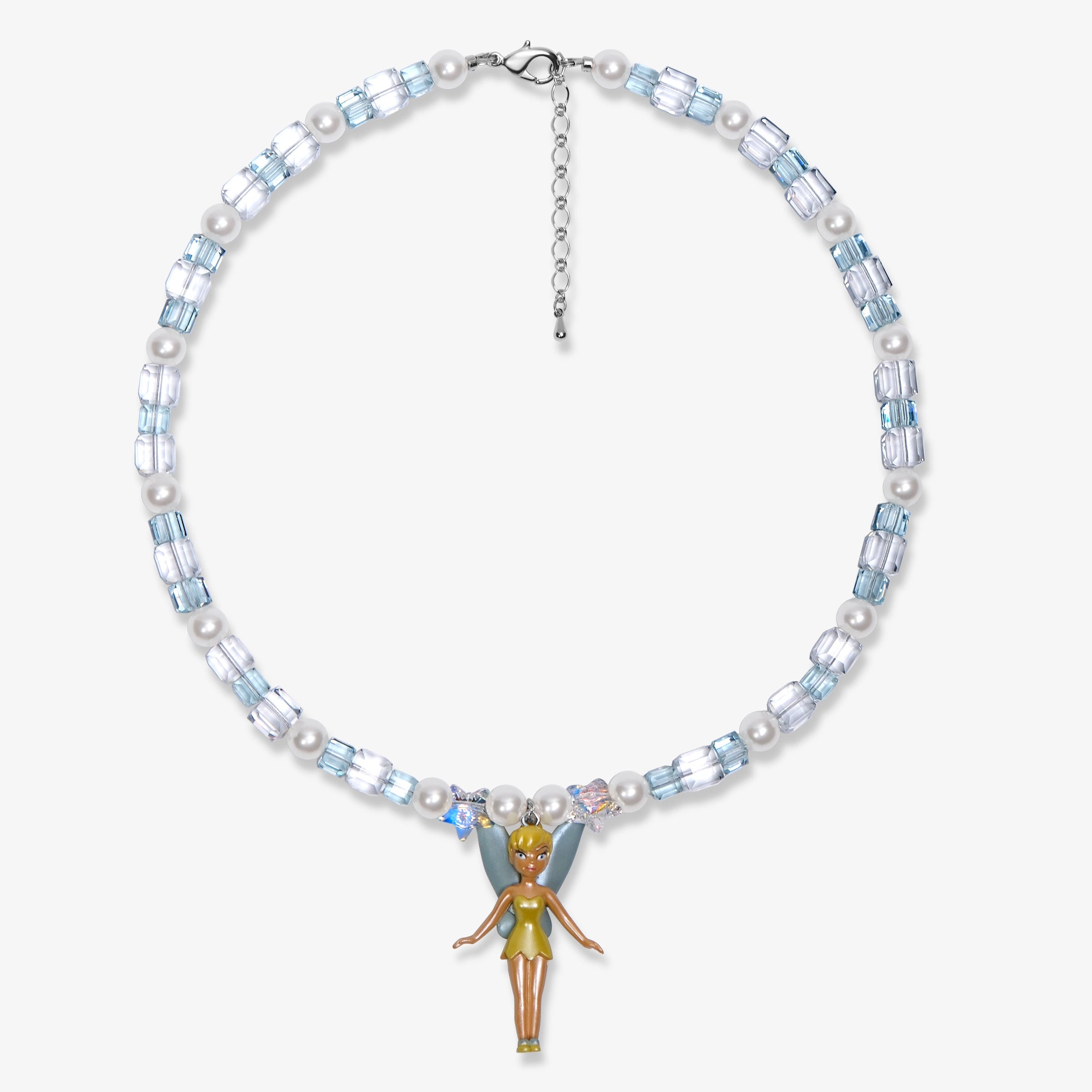Icy blue crystal and pearl necklace with a vintage winged fairy charm