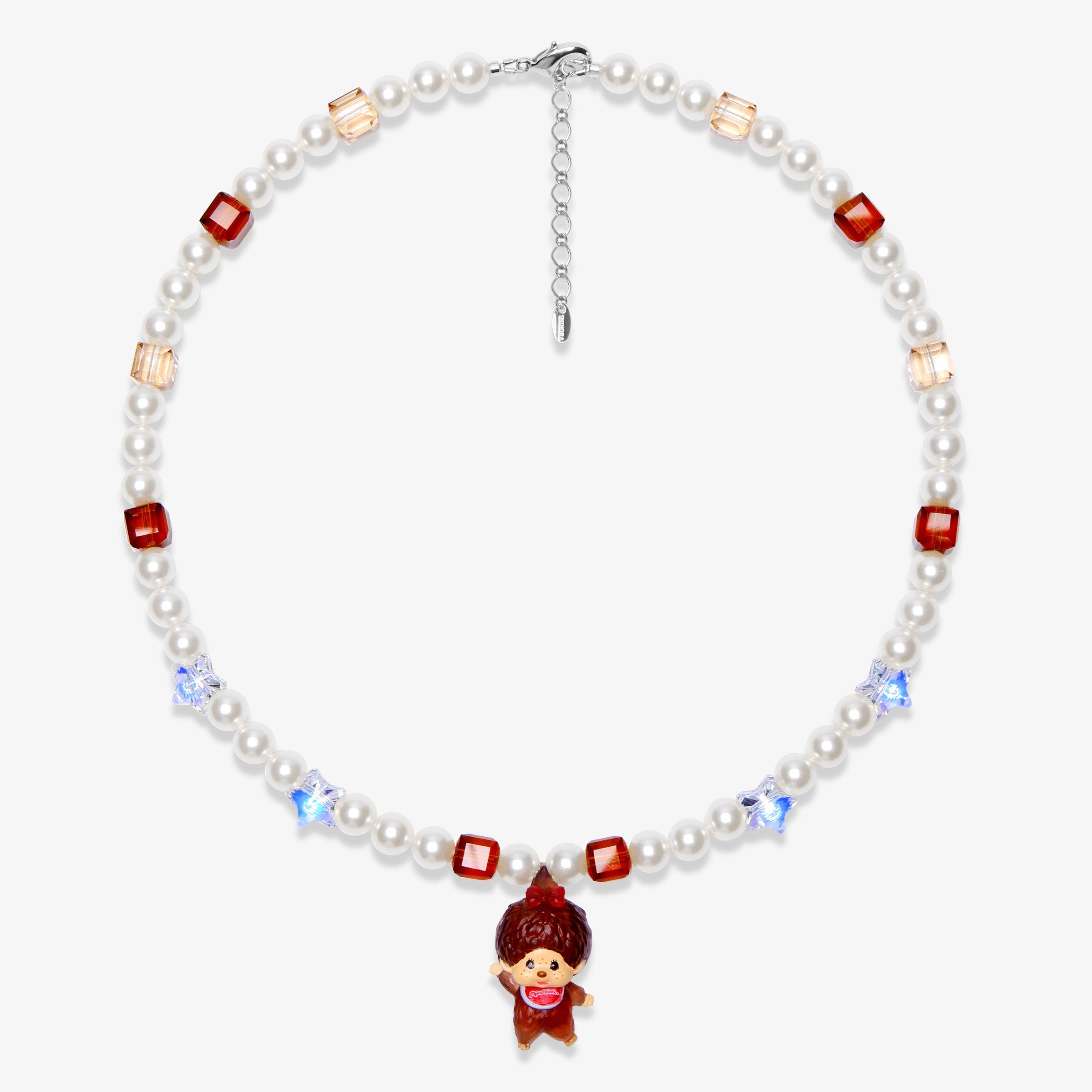 Pearl necklace with cherry red and amber crystal cubes and a cocoa-colored character charm in a red hood