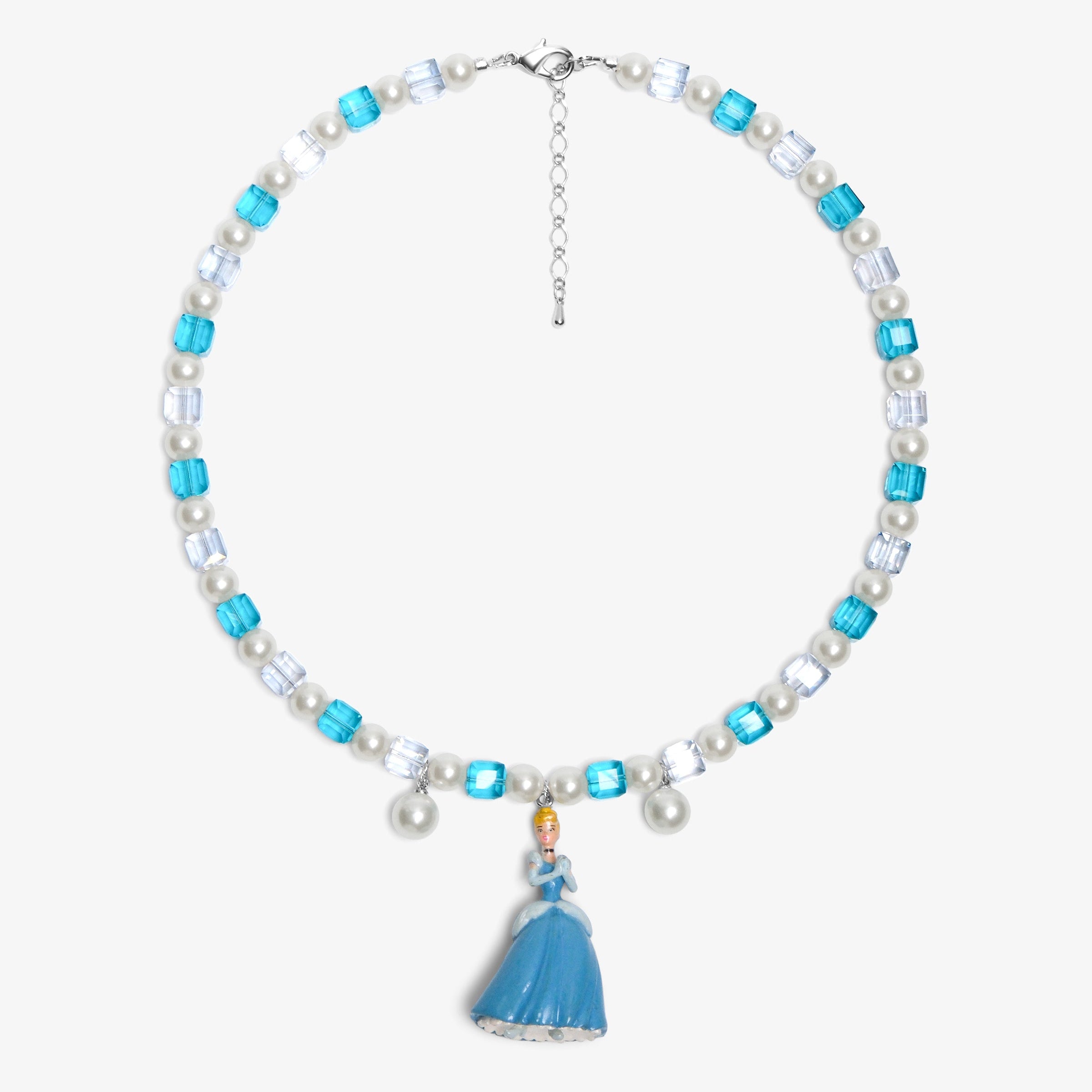 Aqua crystal and pearl necklace with a vintage princess charm in a pale blue gown