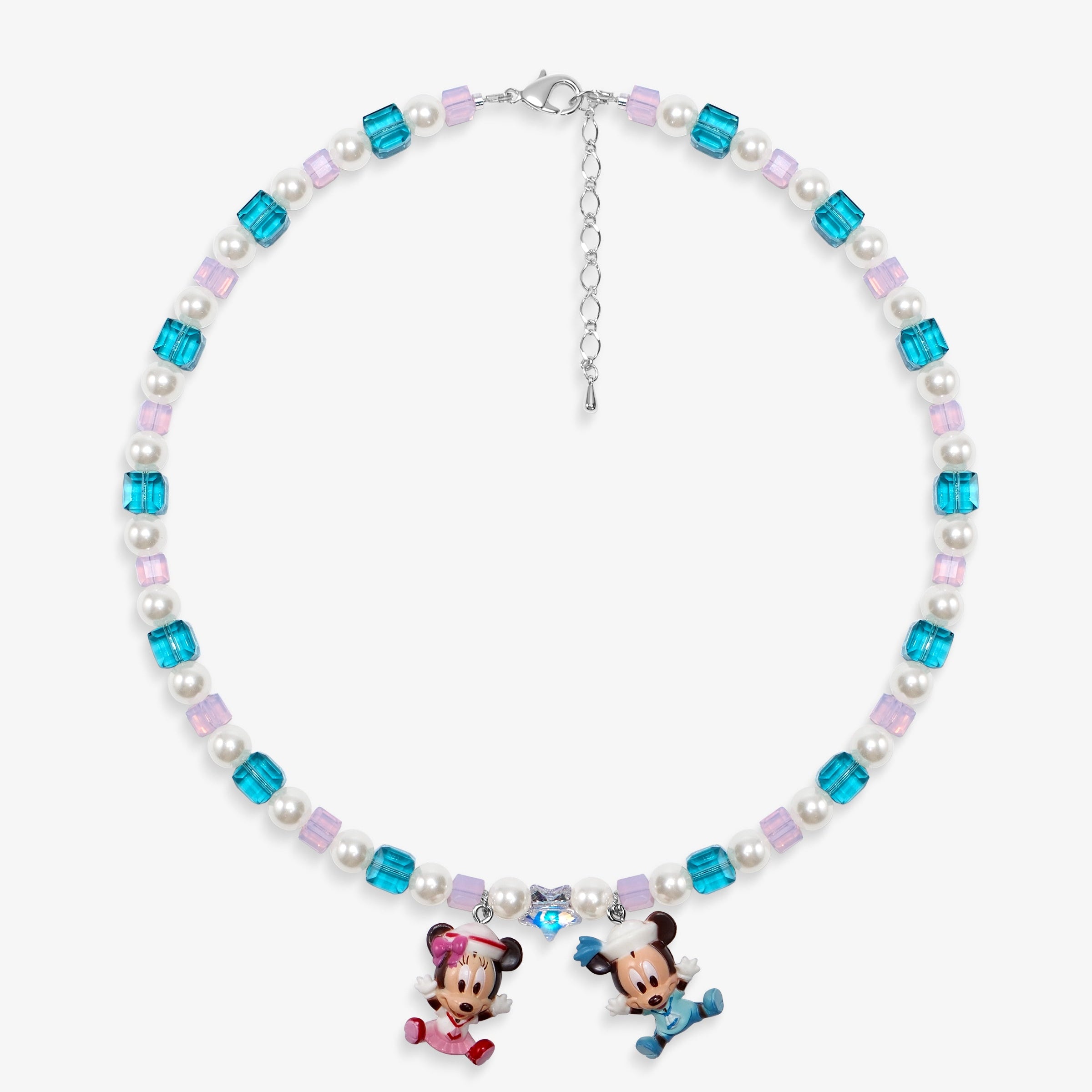 Pastel crystal and pearl necklace with a vintage mouse couple charm pair