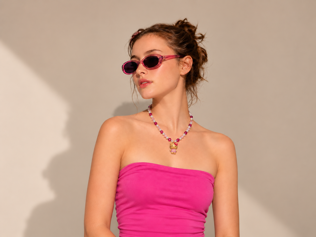 Product photo of Pink Pearl Cat Charm Necklace by Shinora Studio.