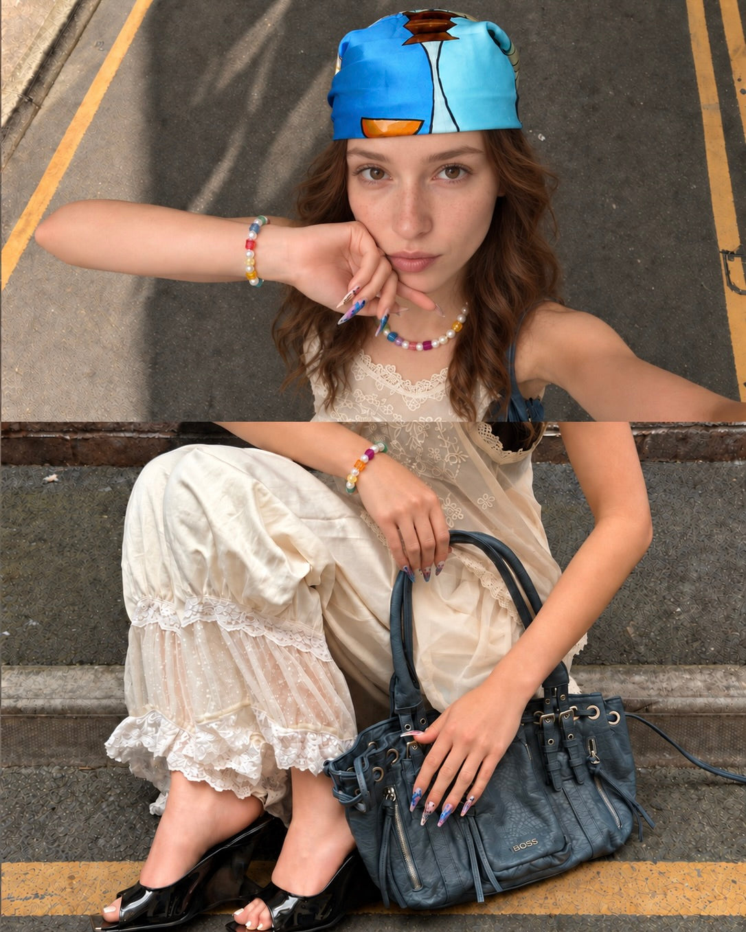 Two-photo collage of a model wearing a rainbow crystal and pearl necklace and matching bracelet with a white outfit.