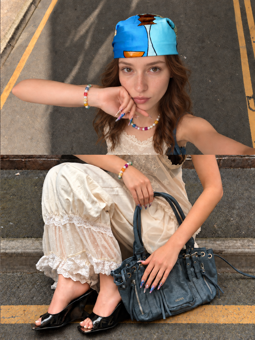 Two-photo collage of a model wearing a rainbow crystal and pearl necklace and matching bracelet with a white outfit.