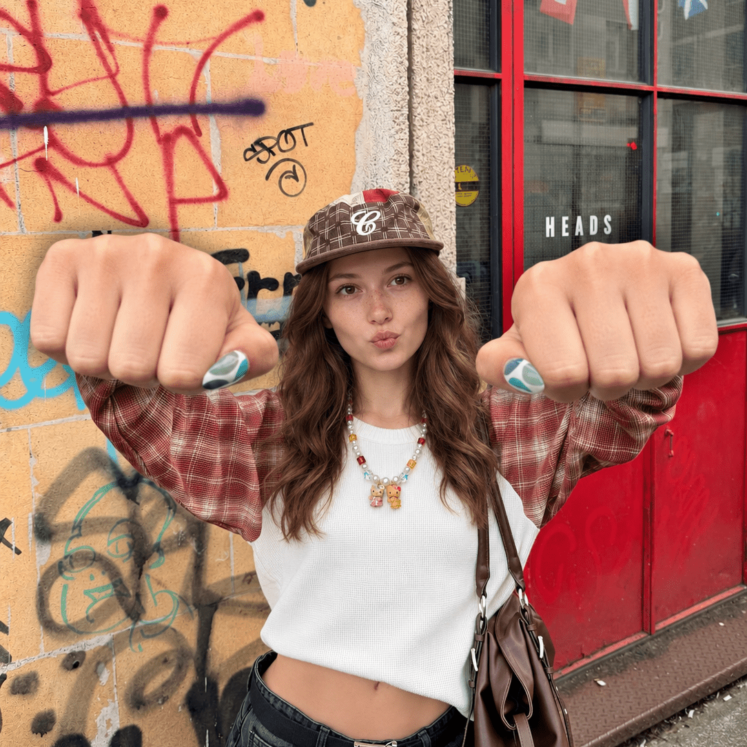 Model wearing an amber crystal and pearl necklace with two colorful cat charms, a white crop top and plaid sleeves outdoors.