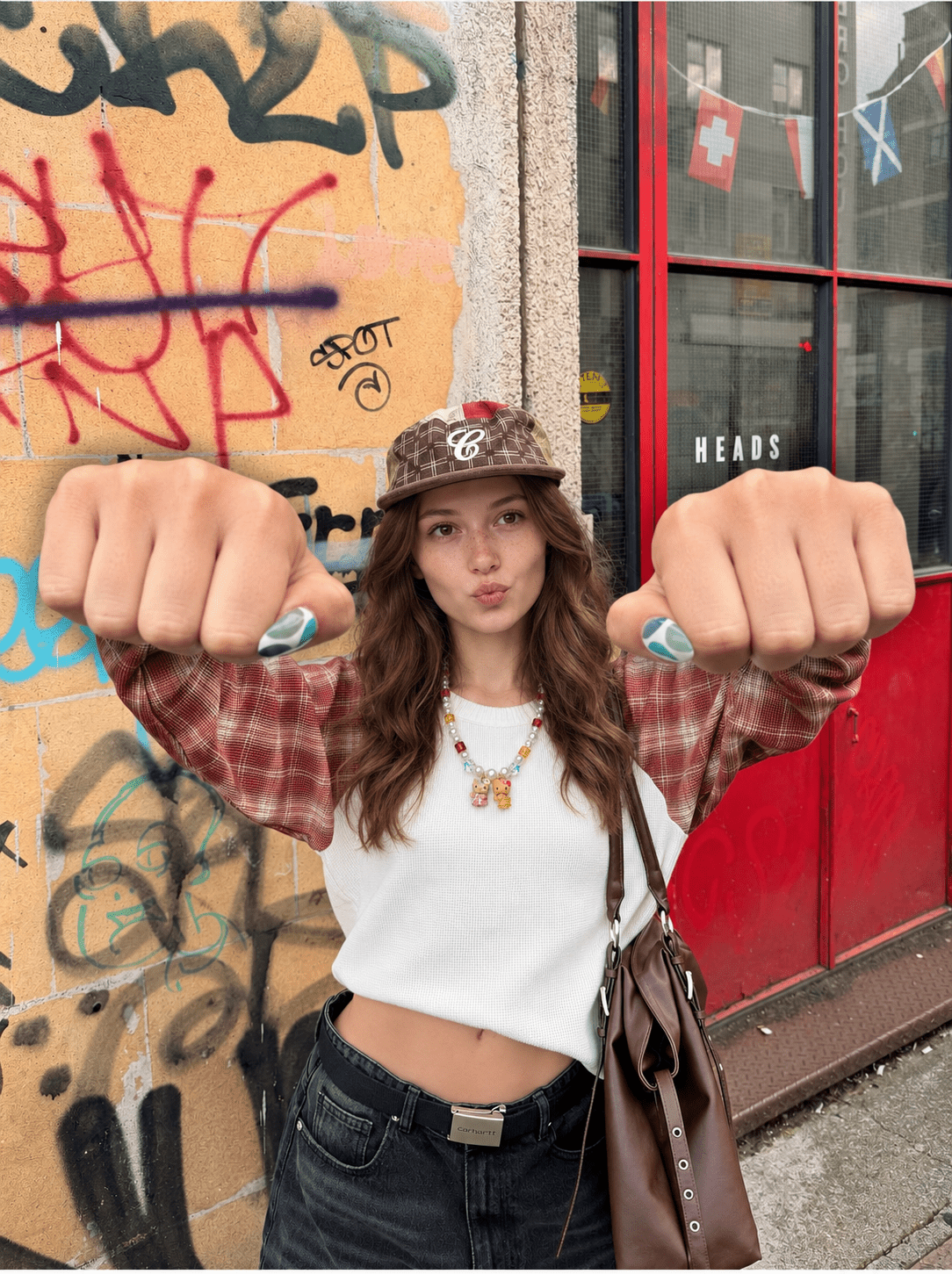 Model wearing an amber crystal and pearl necklace with two colorful cat charms, a white crop top and plaid sleeves outdoors.