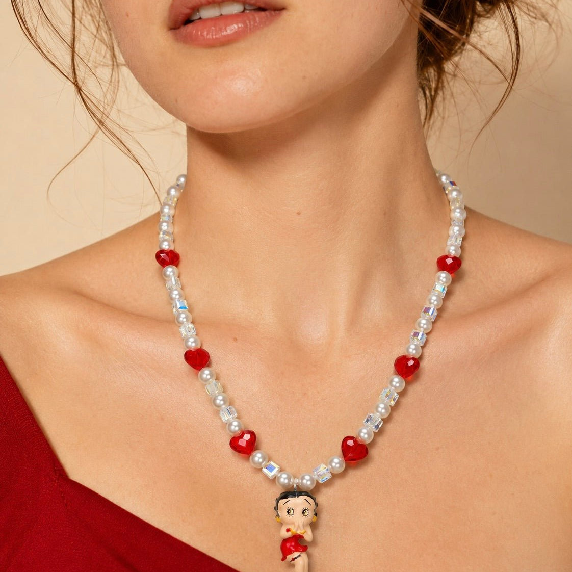 Product photo of Red Heart Charm Swarovski Necklace by Shinora Studio.