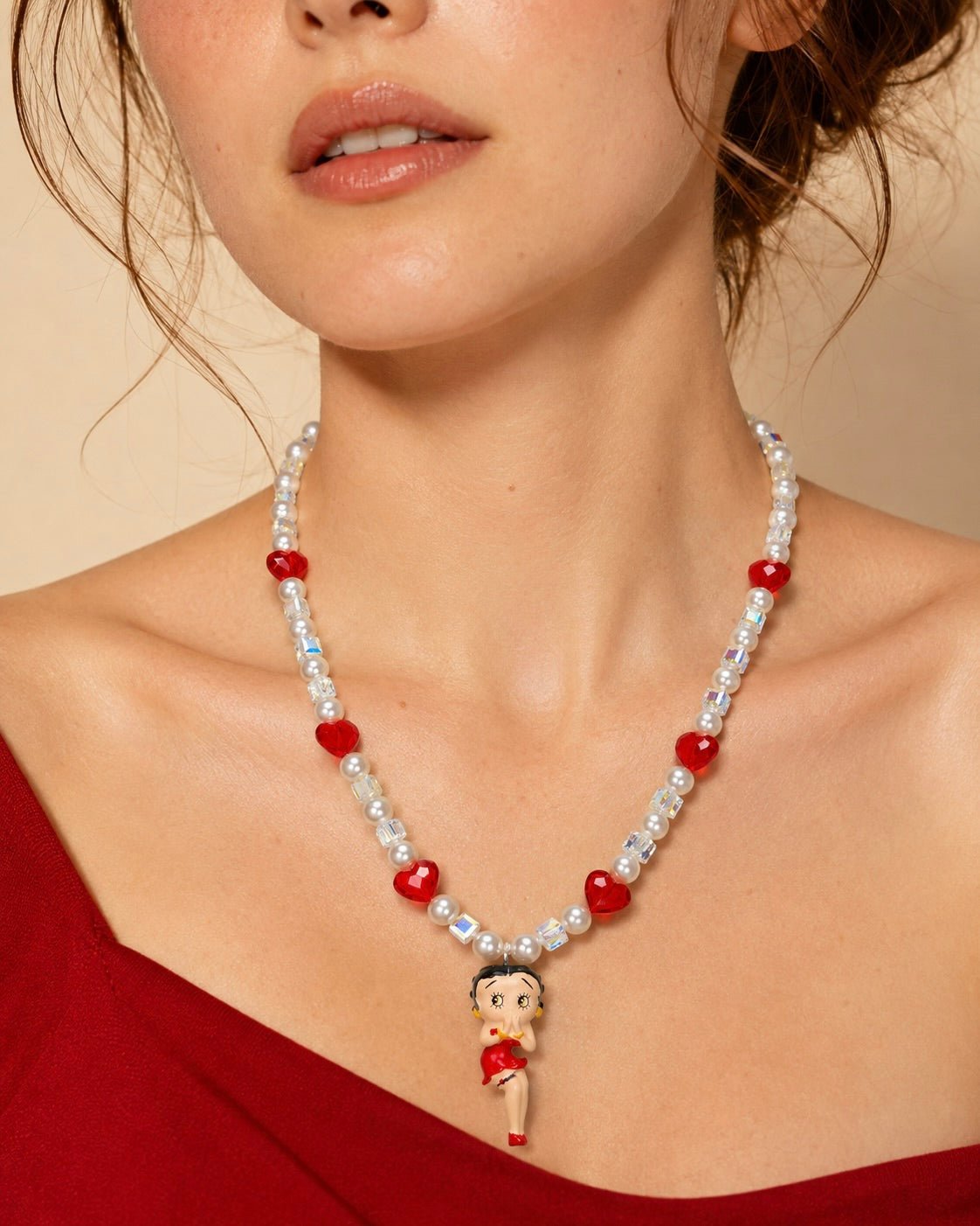Product photo of Red Heart Charm Swarovski Necklace by Shinora Studio.
