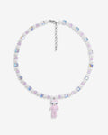Handmade iridescent and pink Swarovski crystal and pearl charm necklace with vintage pendant - flat lay