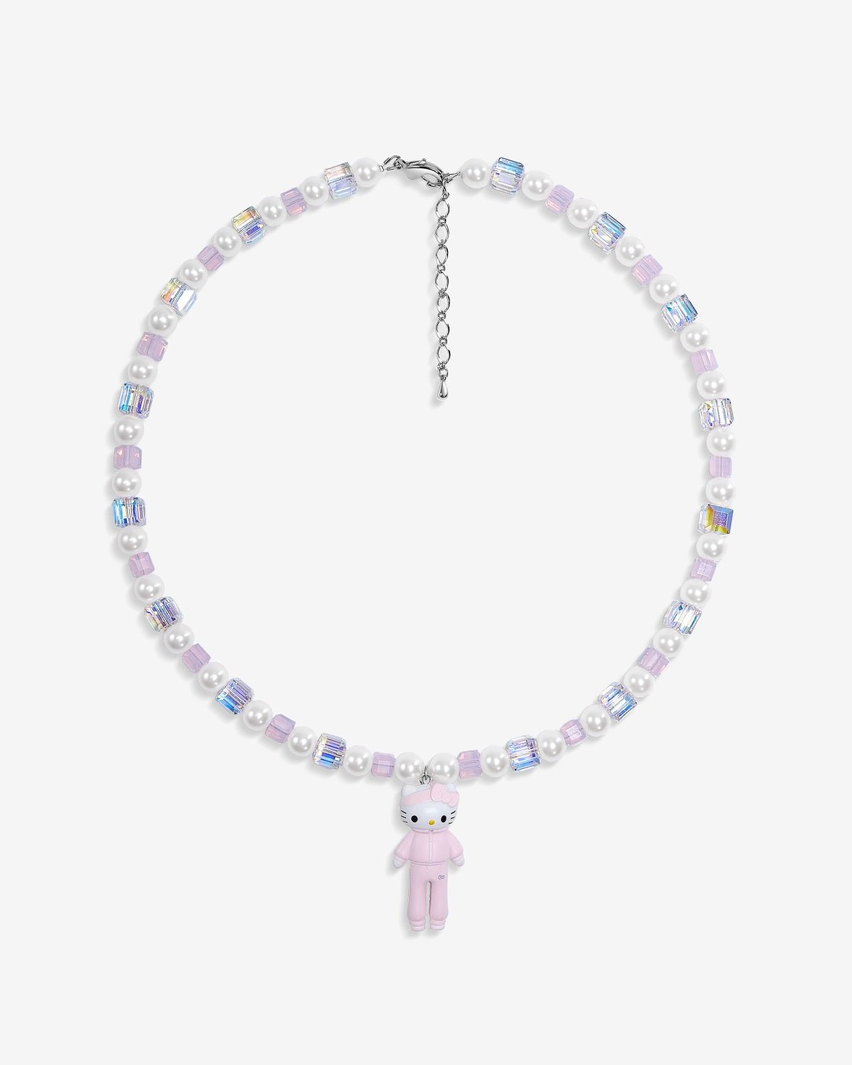 Handmade iridescent and pink Swarovski crystal and pearl charm necklace with vintage pendant - flat lay