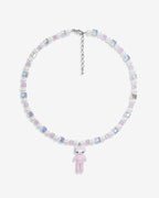 Handmade iridescent and pink Swarovski crystal and pearl charm necklace with vintage pendant - flat lay