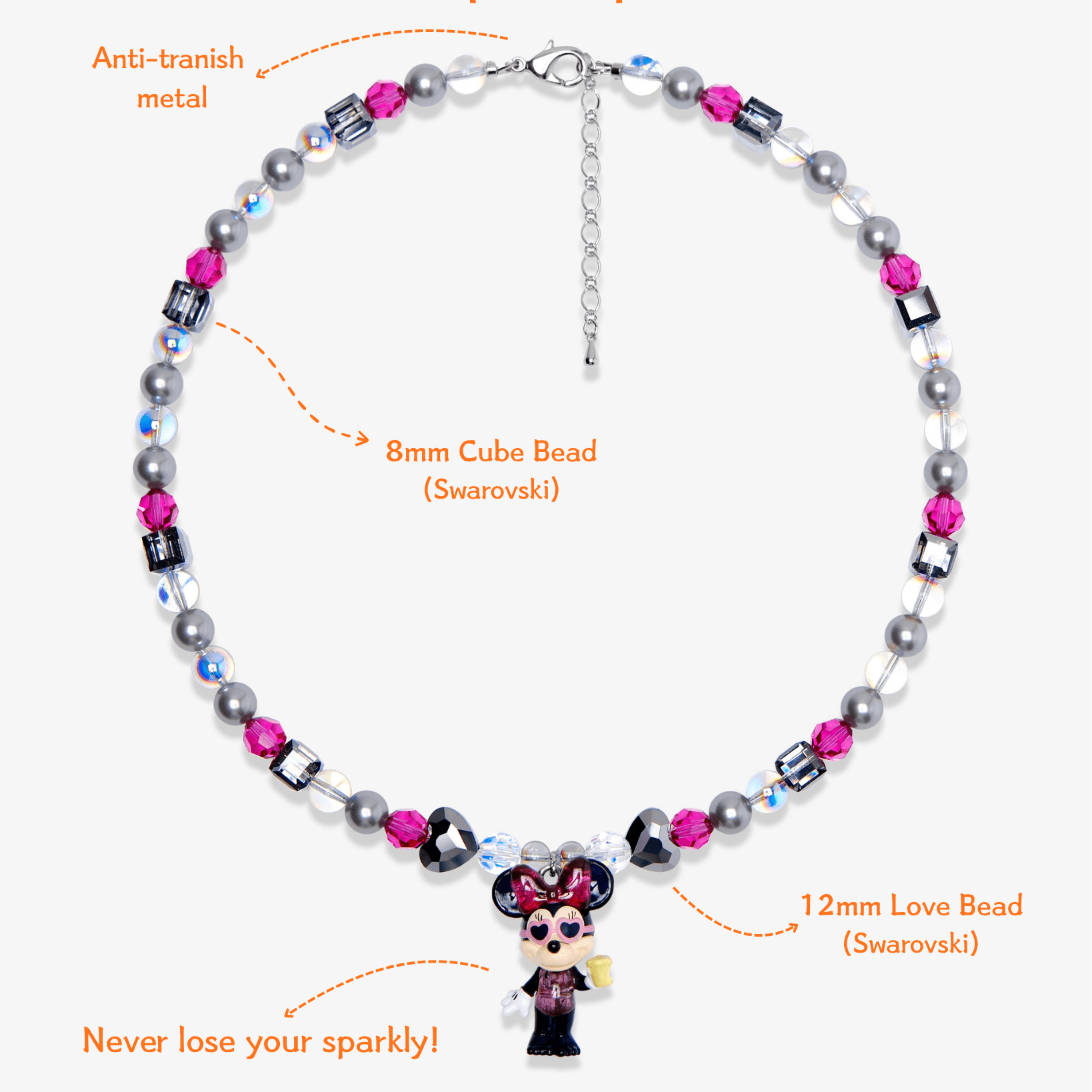 Close-up detail of Pink & Silver Mouse Charm Necklace · handmade Swarovski crystal jewelry