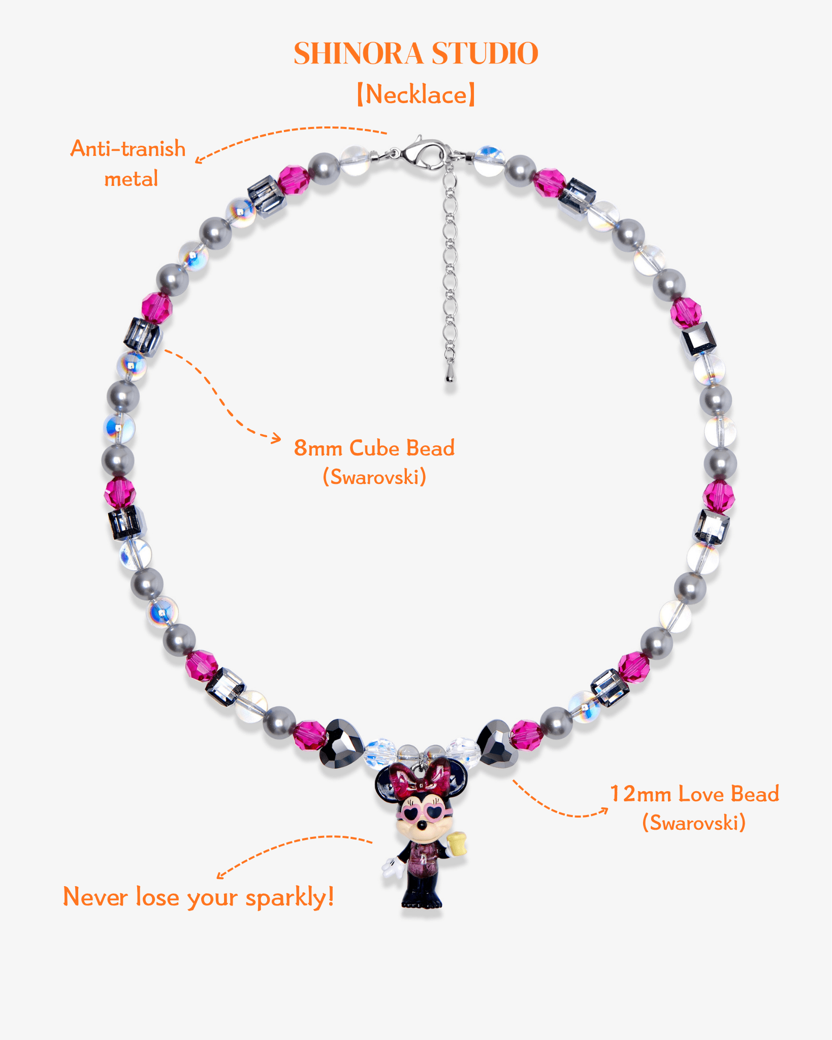 Close-up detail of Pink & Silver Mouse Charm Necklace · handmade Swarovski crystal jewelry
