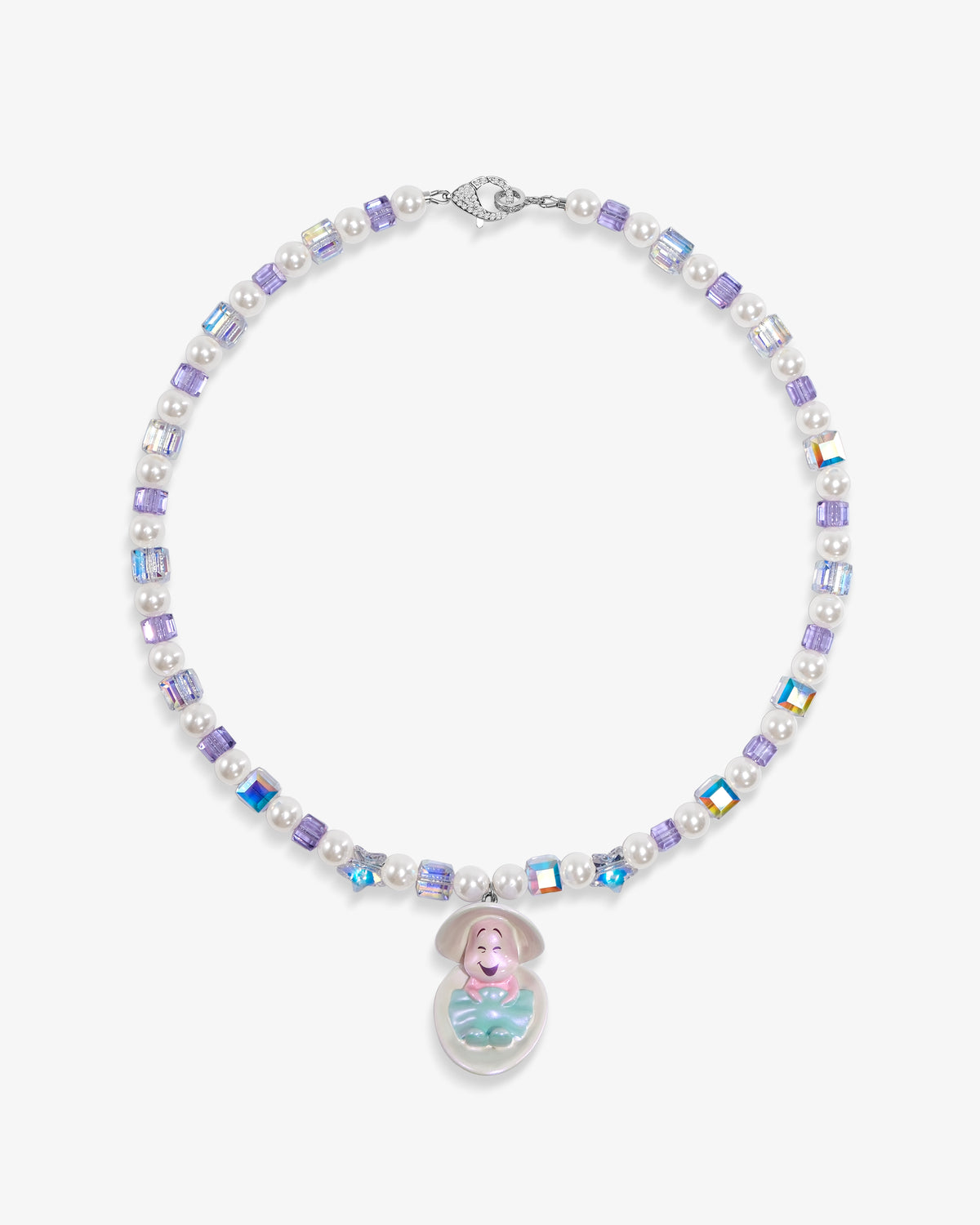 Handmade white and pastel Swarovski crystal and pearl charm necklace with shell pendant - flat lay