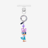 Lavender and blue duck phone charm with a purple crystal accent, silver ring and clear attachment tab.