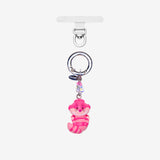 Grinning pink striped cat phone charm with a pink crystal accent, silver ring and clear attachment tab.