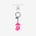 Grinning pink striped cat phone charm with a pink crystal accent, silver ring and clear attachment tab.