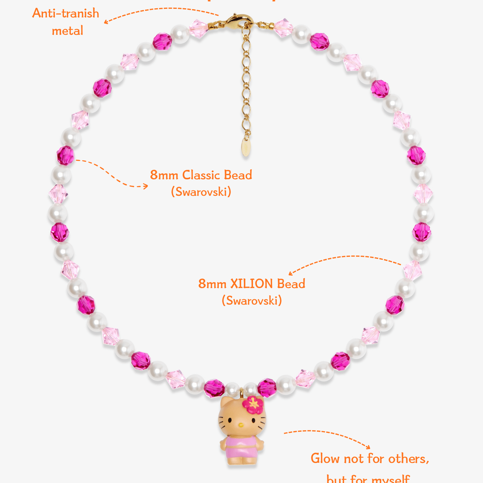 Close-up detail of Pink Pearl Cat Charm Necklace · handmade Swarovski crystal jewelry
