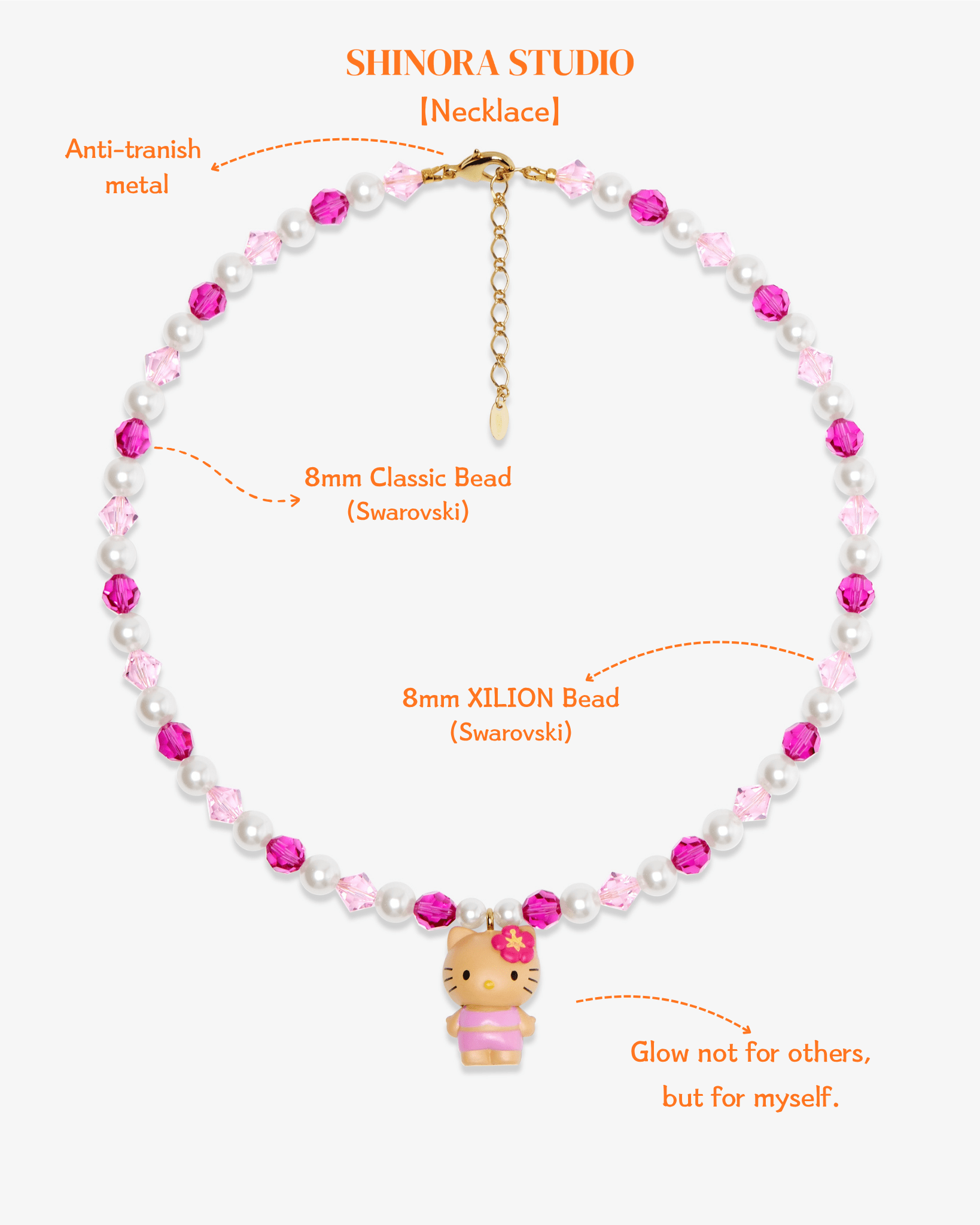 Close-up detail of Pink Pearl Cat Charm Necklace · handmade Swarovski crystal jewelry