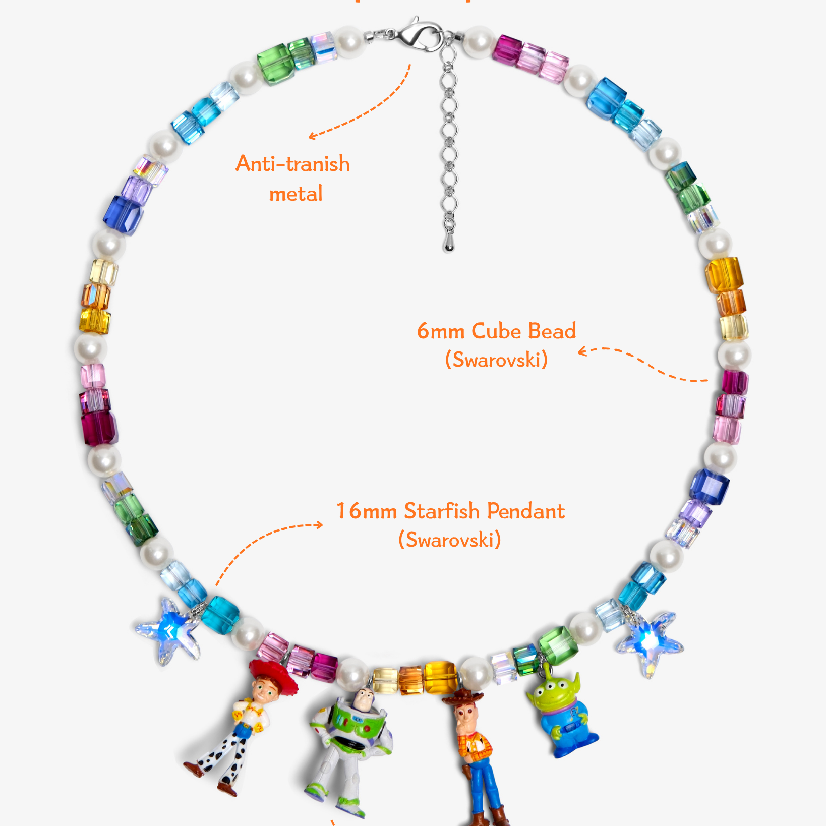 Close-up detail of Infinity Squad Rainbow Necklace · handmade Swarovski crystal jewelry