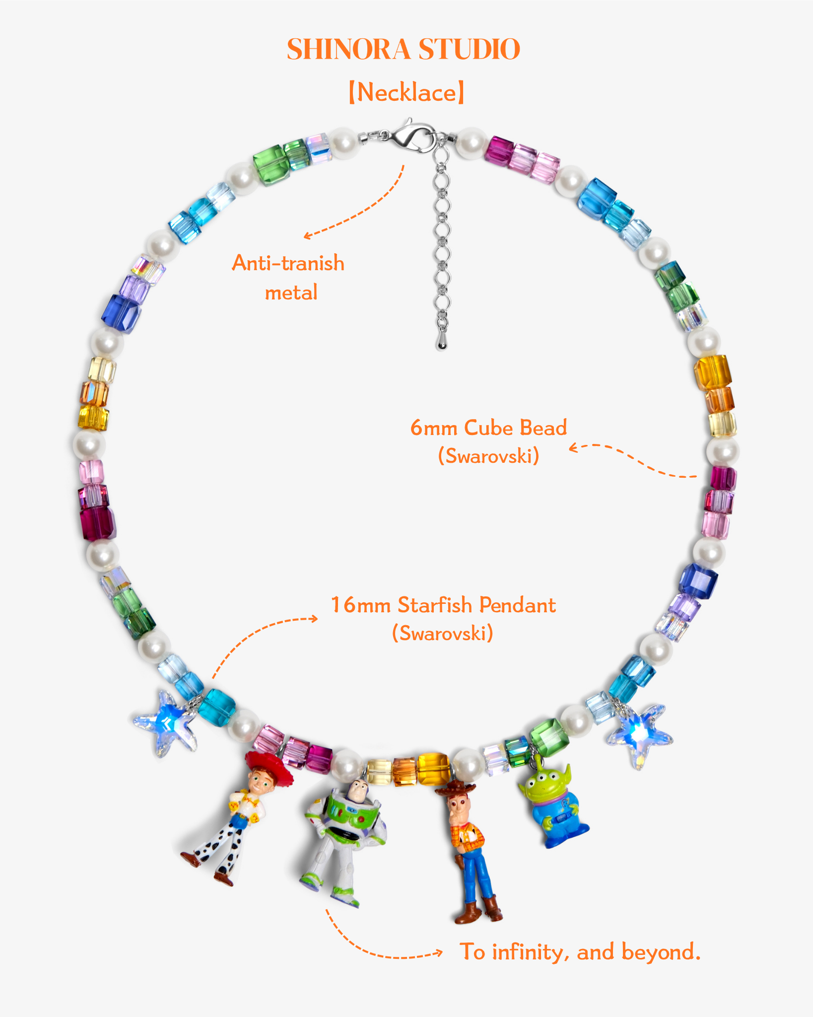Close-up detail of Infinity Squad Rainbow Necklace · handmade Swarovski crystal jewelry
