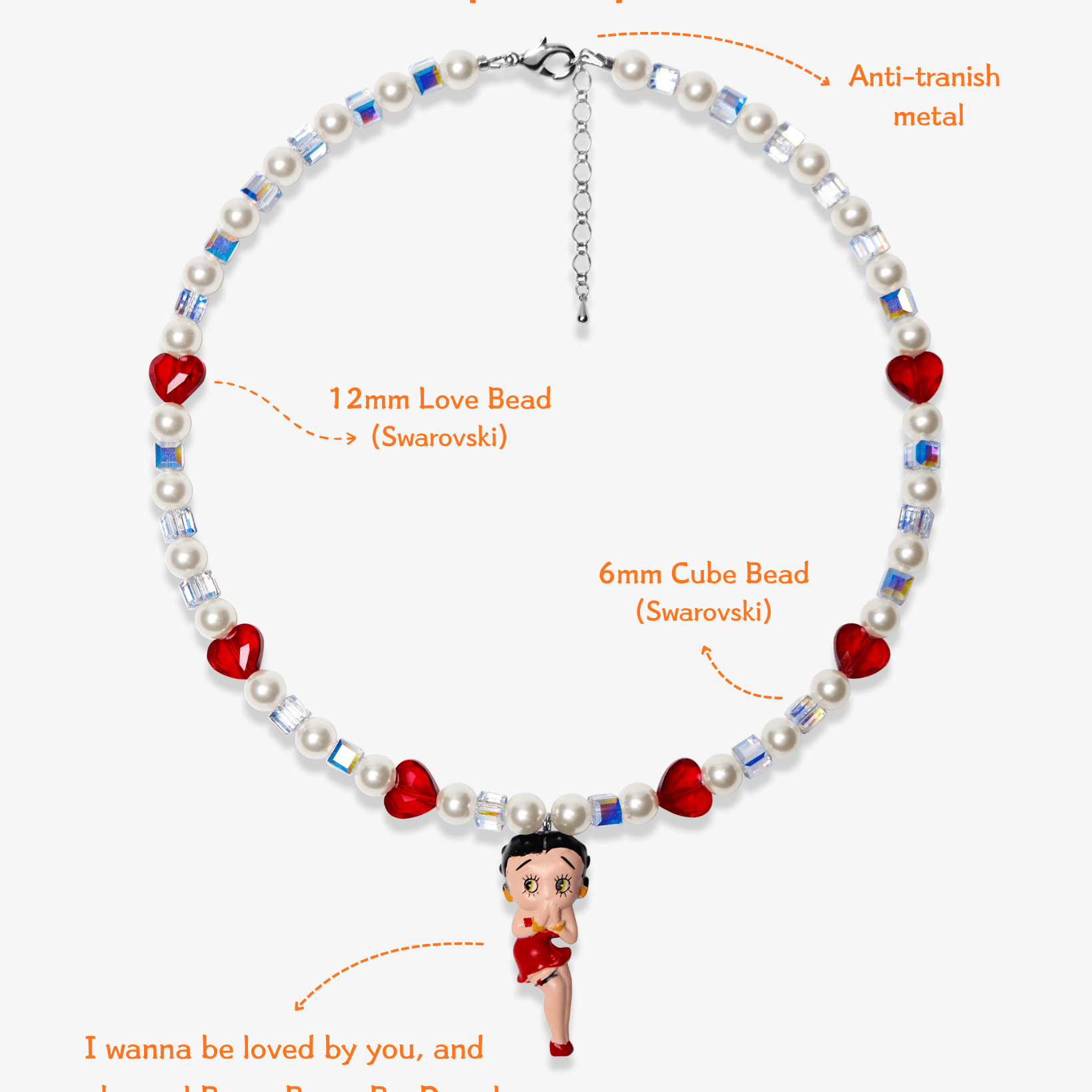 Close-up detail of Red Heart Charm Swarovski Necklace · handmade Swarovski crystal jewelry