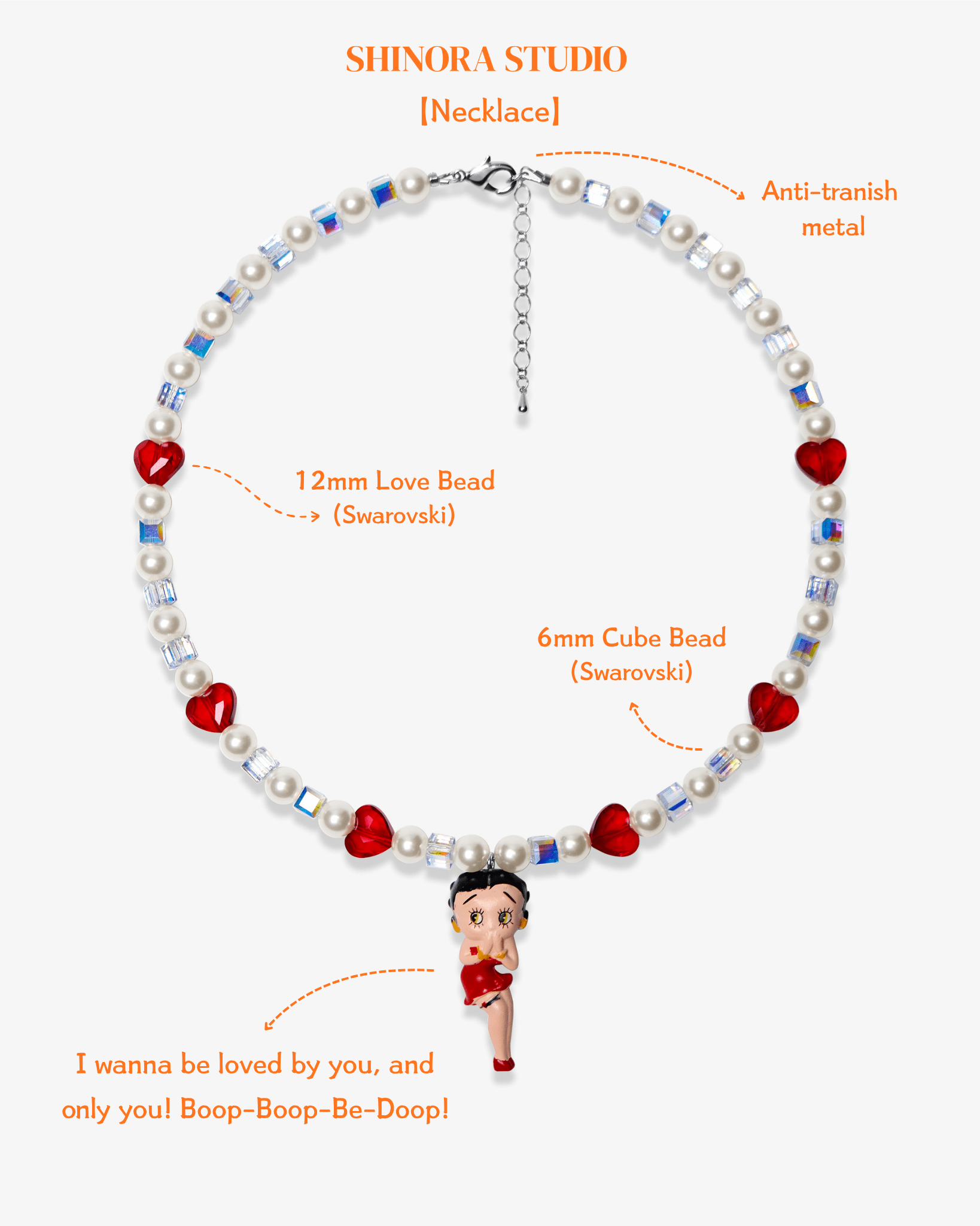 Close-up detail of Red Heart Charm Swarovski Necklace · handmade Swarovski crystal jewelry