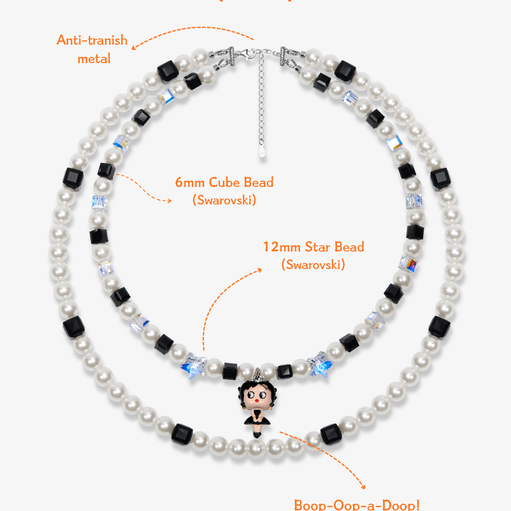 Close-up detail of Black&White Pearl Charm Necklace · handmade Swarovski crystal jewelry