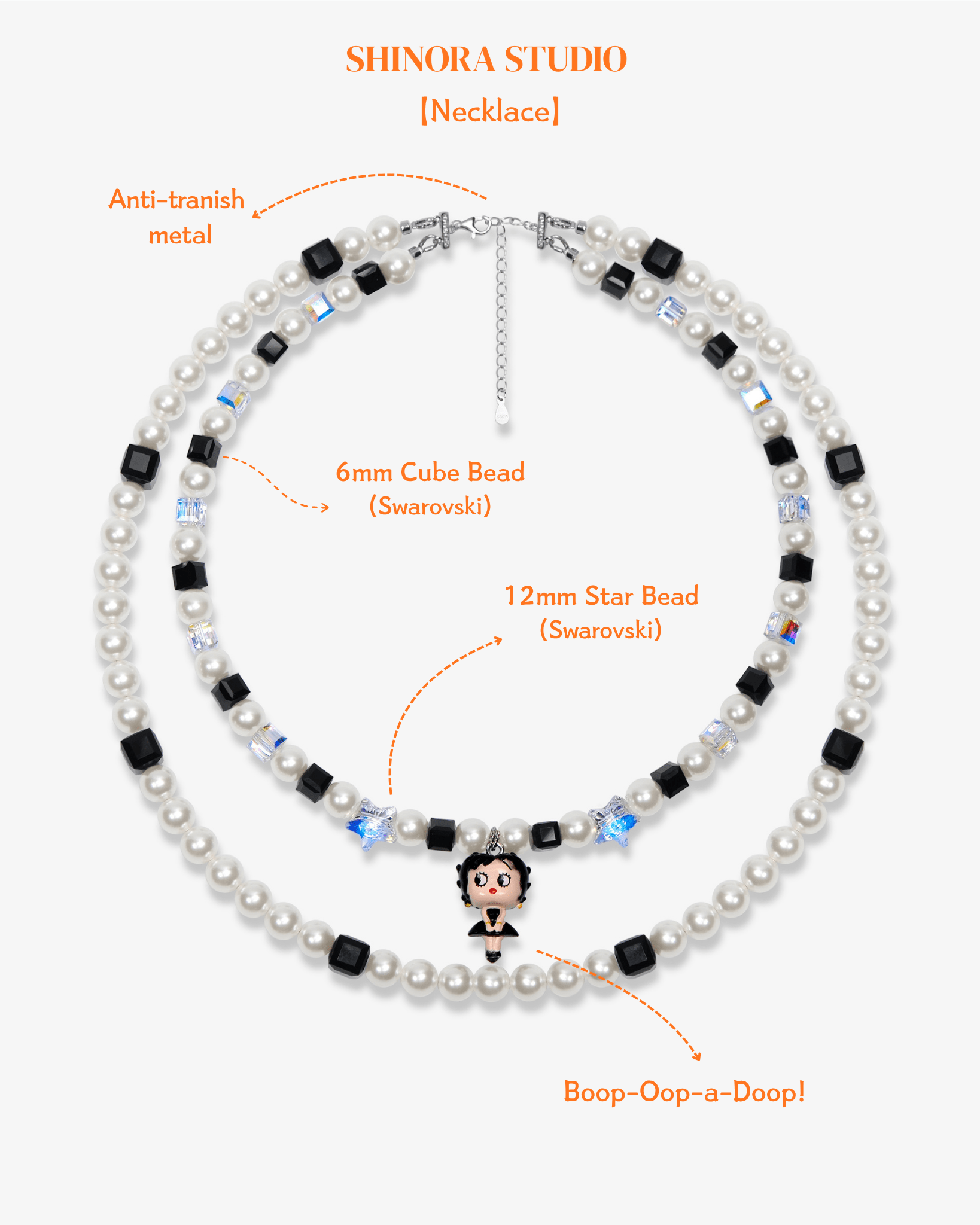 Close-up detail of Black&White Pearl Charm Necklace · handmade Swarovski crystal jewelry