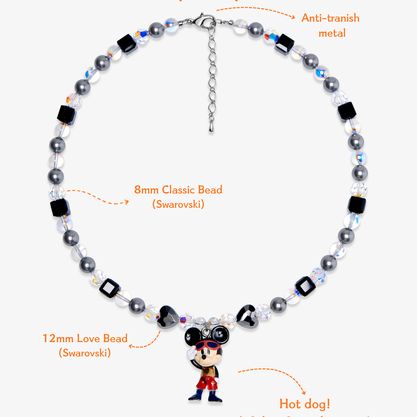Close-up detail of Black & Silver Mouse Charm Necklace · handmade Swarovski crystal jewelry