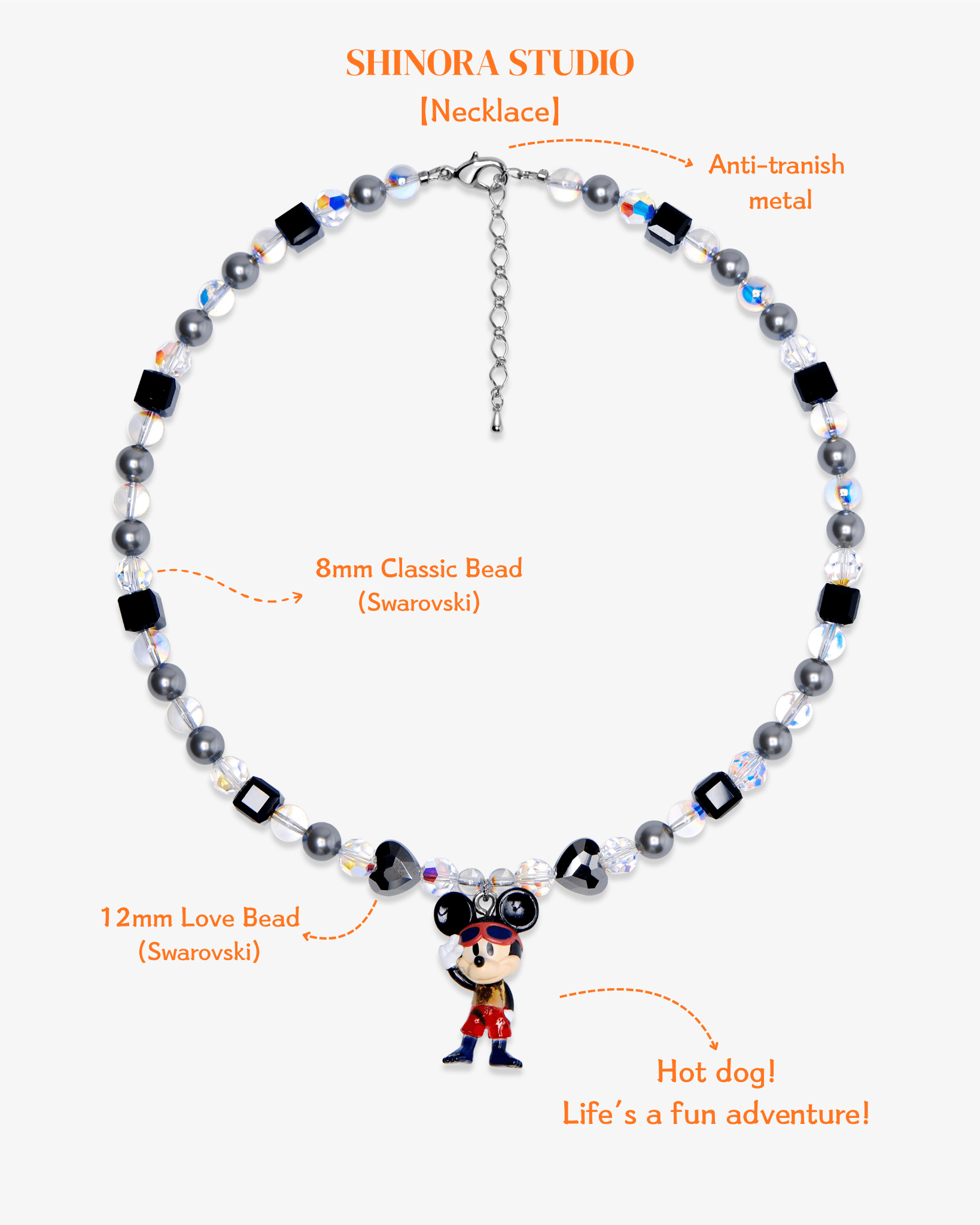 Close-up detail of Black & Silver Mouse Charm Necklace · handmade Swarovski crystal jewelry
