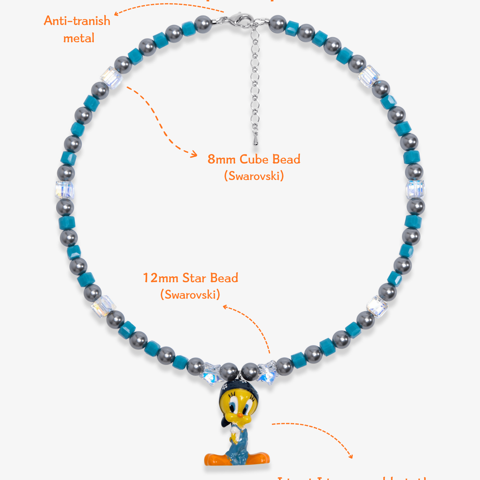 Close-up detail of Blue Crystal Pearl Charm Necklace · handmade Swarovski crystal jewelry