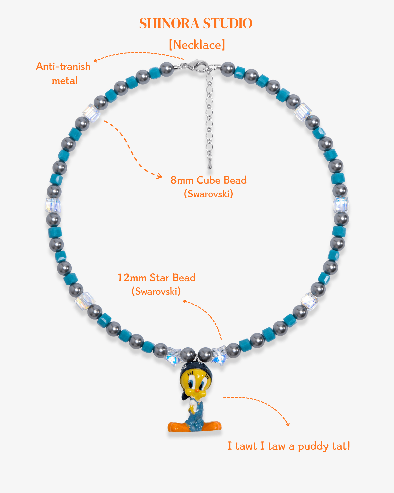 Close-up detail of Blue Crystal Pearl Charm Necklace · handmade Swarovski crystal jewelry