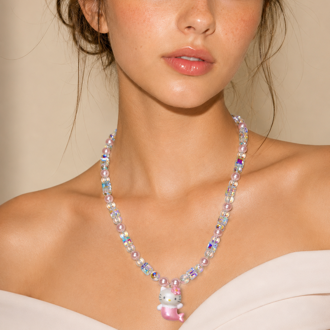 Pink Mermaid Cat Charm Necklace