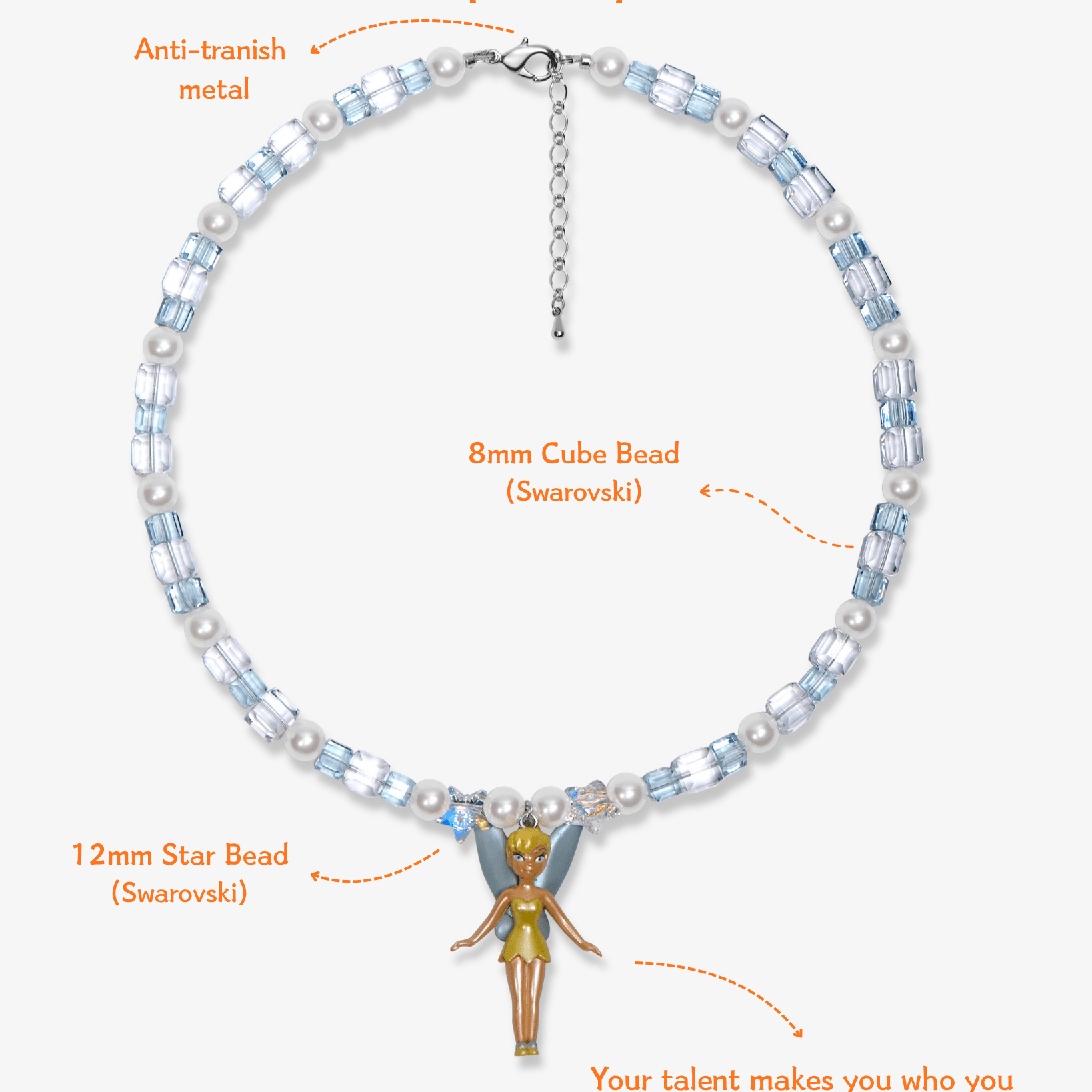Close-up detail of Blue Fairy Charm Necklace · handmade Swarovski crystal jewelry