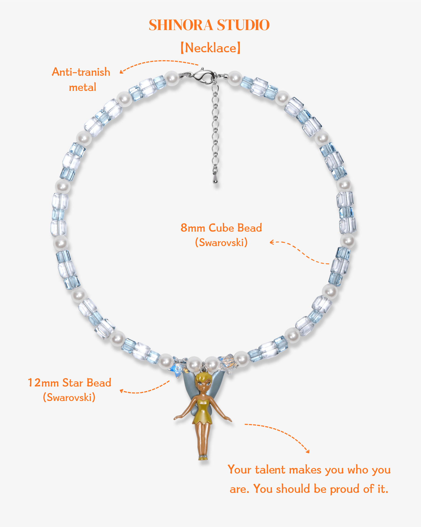 Close-up detail of Blue Fairy Charm Necklace · handmade Swarovski crystal jewelry