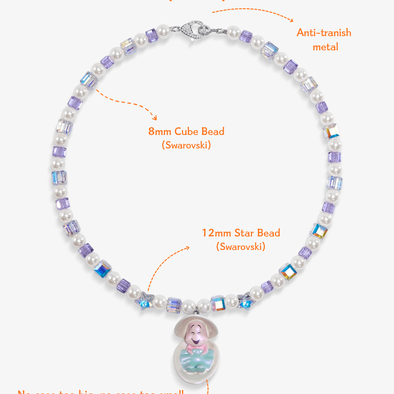 Close-up detail of Shell & Pearl Necklace · handmade Swarovski crystal jewelry