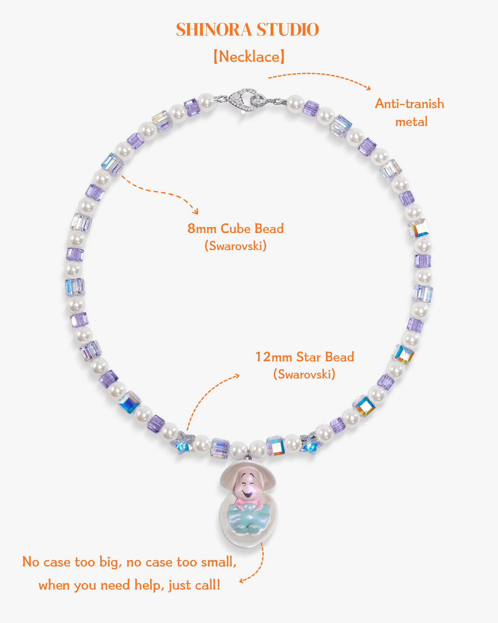 Close-up detail of Shell & Pearl Necklace · handmade Swarovski crystal jewelry