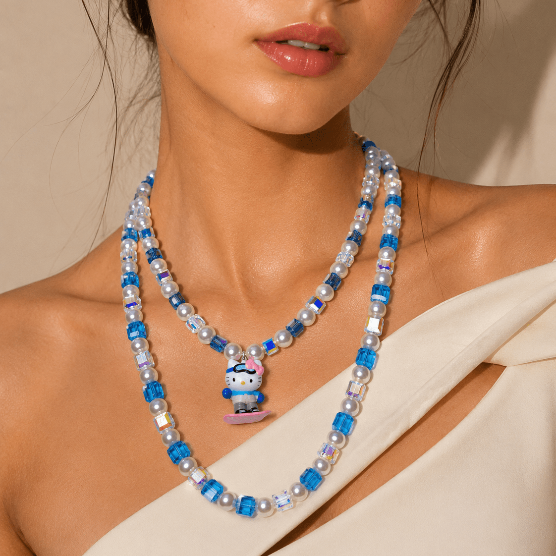 Product photo of Blue Glide Double Layer Crystal Necklace by Shinora Studio.