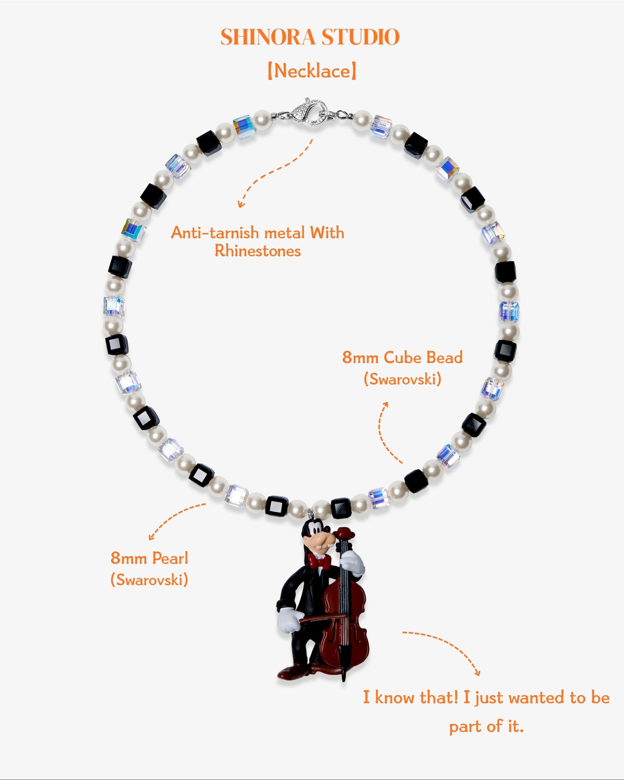 Lifestyle worn view of Cello Player Vintage Charm Swarovski Necklace · handmade Swarovski crystal jewelry