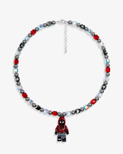 Handmade red and black Swarovski crystal and pearl charm necklace with vintage pendant - flat lay