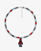Handmade red and black Swarovski crystal and pearl charm necklace with vintage pendant - flat lay