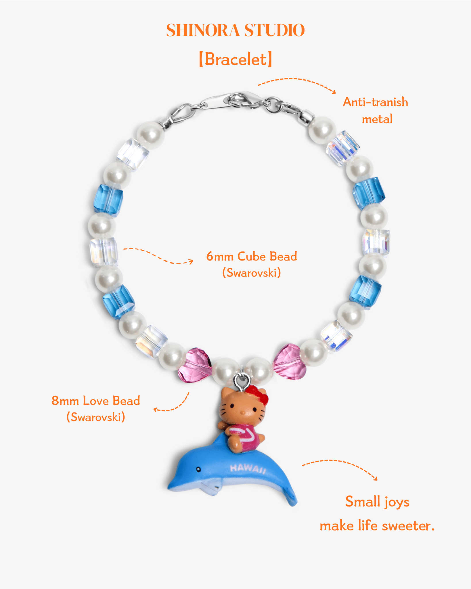 Close-up detail of Hawaii Dolphin Charm Bracelet · handmade Swarovski crystal jewelry