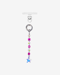 Straight phone chain with magenta cube crystals, clear faceted accents and a blue star crystal, shown below a silver-tone ring.
